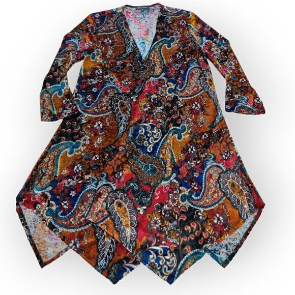 Slinky Brand USA burn out velour velvet multi color open front cardigan size L - Picture 1 of 7